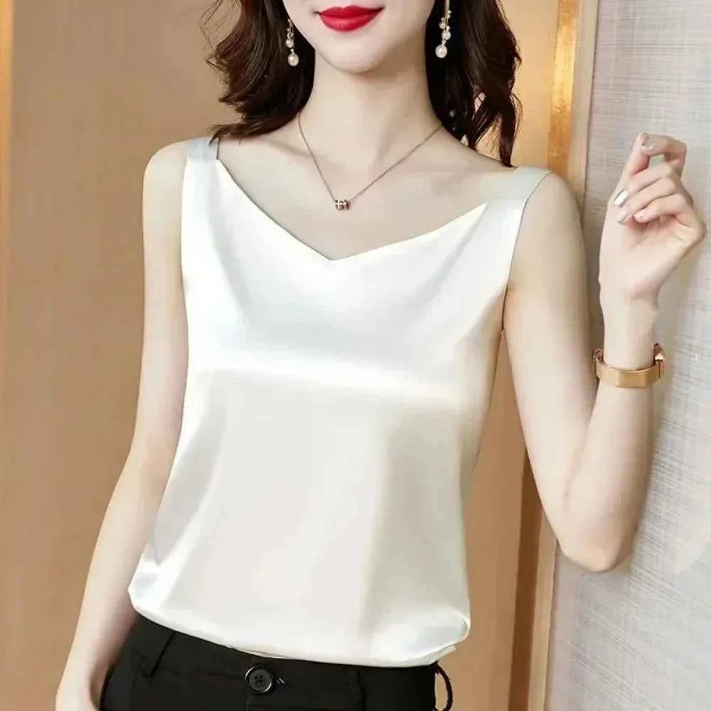 Women's Satin Silk Blouse – Sleeveless V-Neck Top | White, Black & Champagne Gold