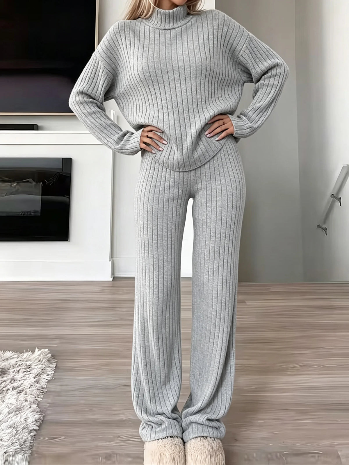 Women Ribbed Knit 2 Piece Outfit, Turtleneck Long Sleeve Sweater Top & High Waist Wide Leg Pants Set, Casual Loungewear Matching Sweatsuit For Daily Wear