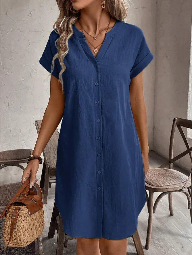 Women Casual Blouse Dress Simple V Neck Button Linen Dress Pockets Loose Large Size Shirt Dress Plus Size Womens Dresses