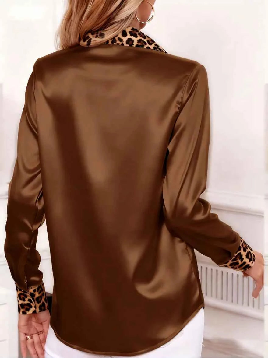 Leopard Trim Satin Blouse – Women's Long Sleeve Button-Down Top | Office to Evening