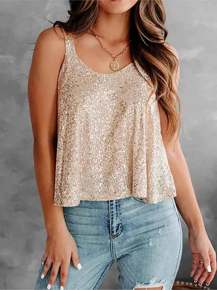 2024 Spring Summer Women's New Sleeveless Glitter Vest Club Evening Party Women's Party Casual Sleeveless Top Strap Vest