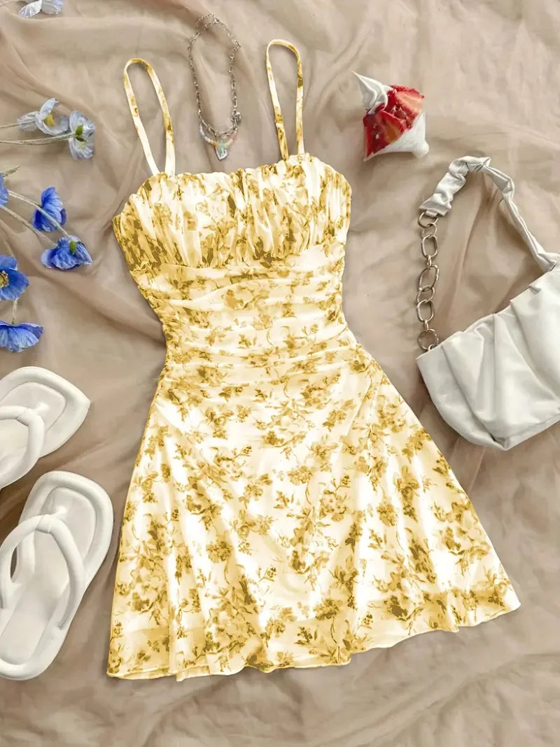Printed Backless Pleated Mini Dress — Sexy Suspender Beach Vacation Dress