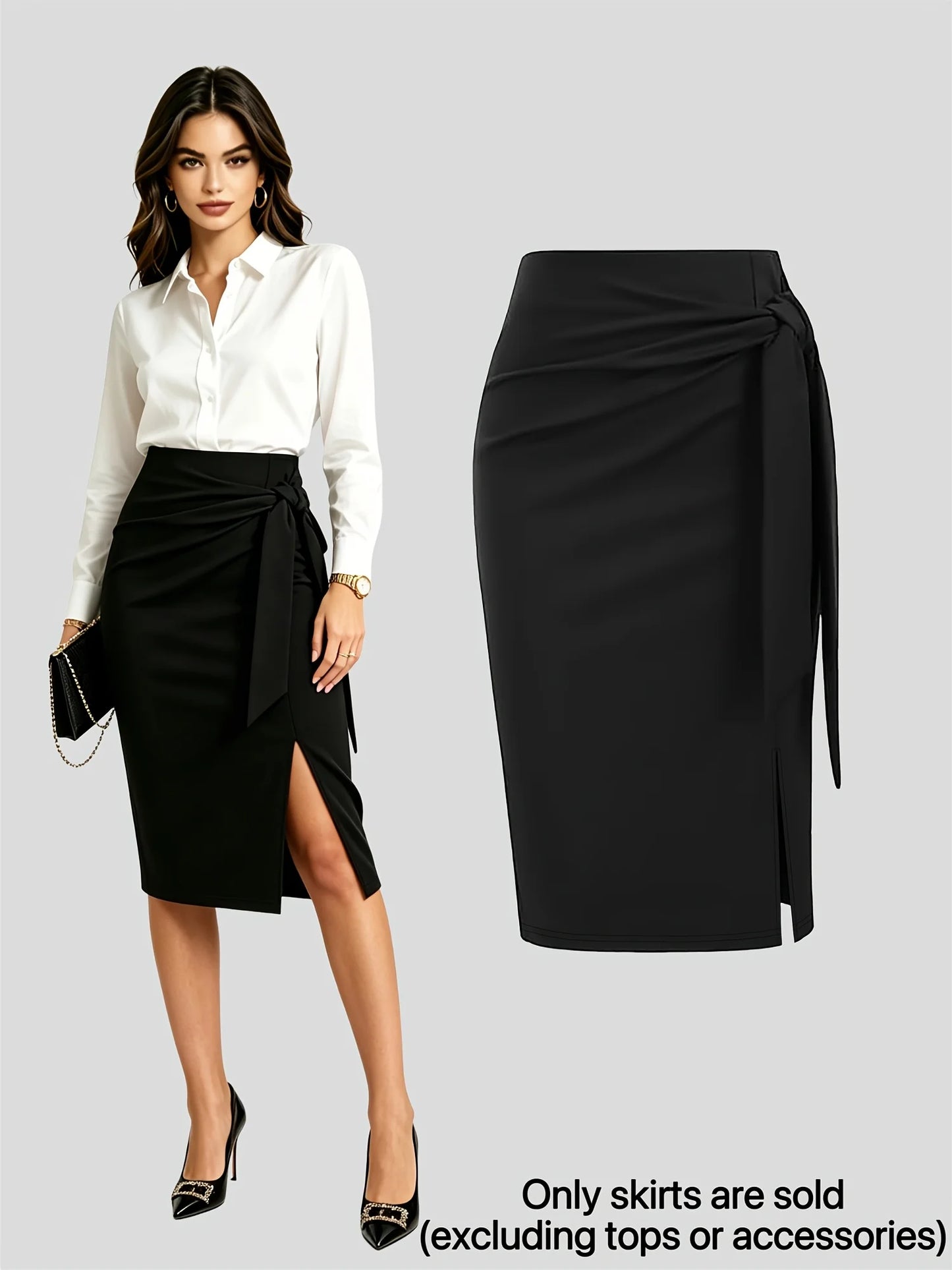 Women's Black Wrap Midi Skirt | High Waist Tie-Knot Ruched Bodycon