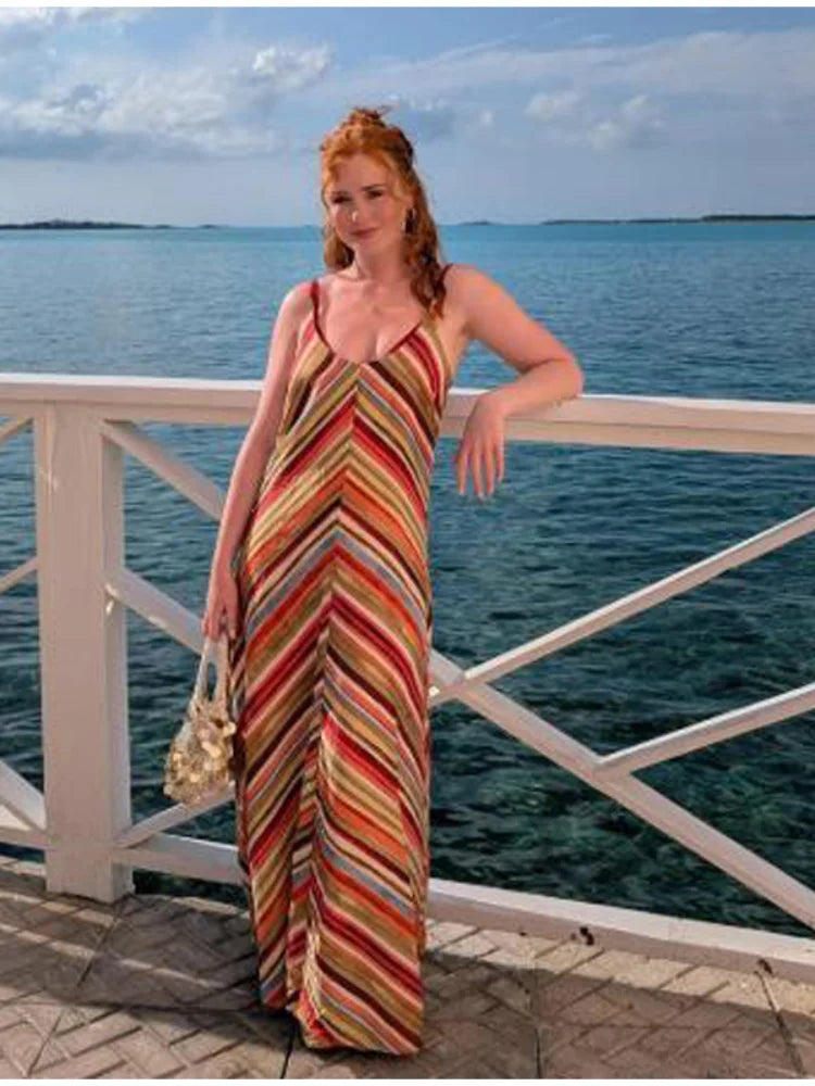 Color Block Halter Maxi Gown — Backless Off-Shoulder Sleeveless Party Dress