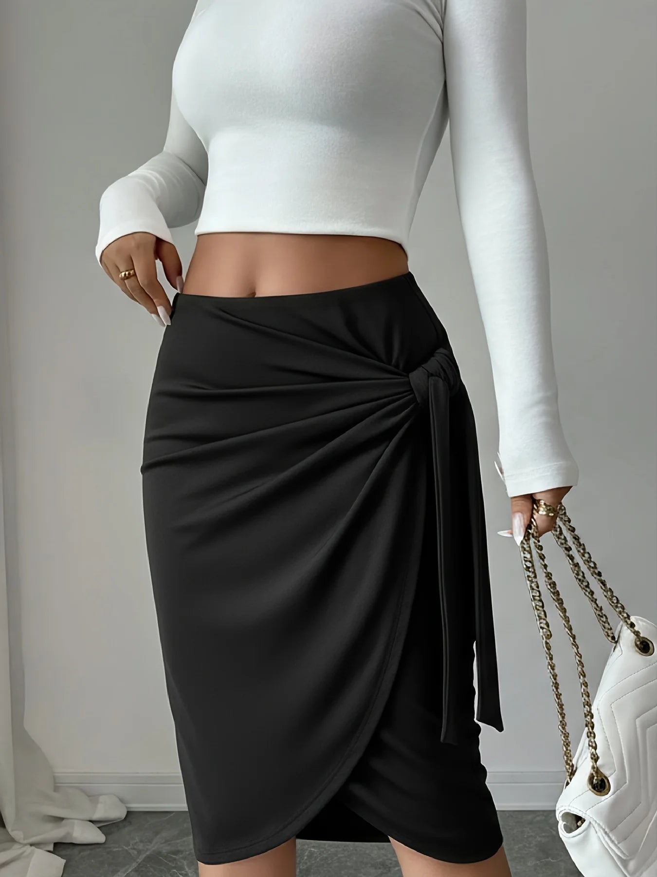 Women's Black Wrap Midi Skirt | High Waist Tie-Knot Ruched Bodycon
