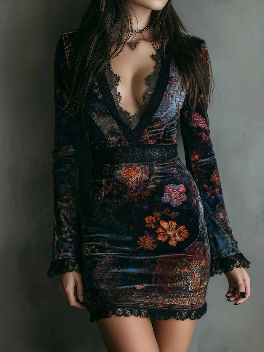 Velvet Floral Lace Mini Dress — Gothic V-Neck Long Sleeve Vintage Dress