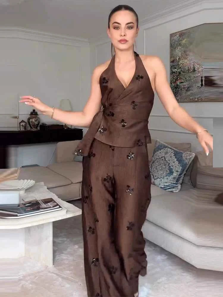 Sequin Embroidered Halter V-Neck Wrap Top & Wide Leg Pants Set 2026 Summer Chic Elegant Women Vocation Casual Two Piece Outfit