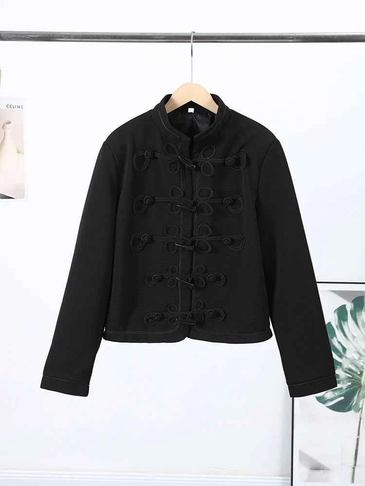 Retro Horn Button Black Jacket For Women Elegant Long Sleeve Stand Collar Coat 2026 Spring New Chic Lady Street Casual Outerwear
