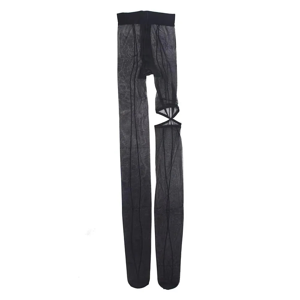 Y2K Asymmetric Mesh Pantyhose — Vertical Line Transparent Tights