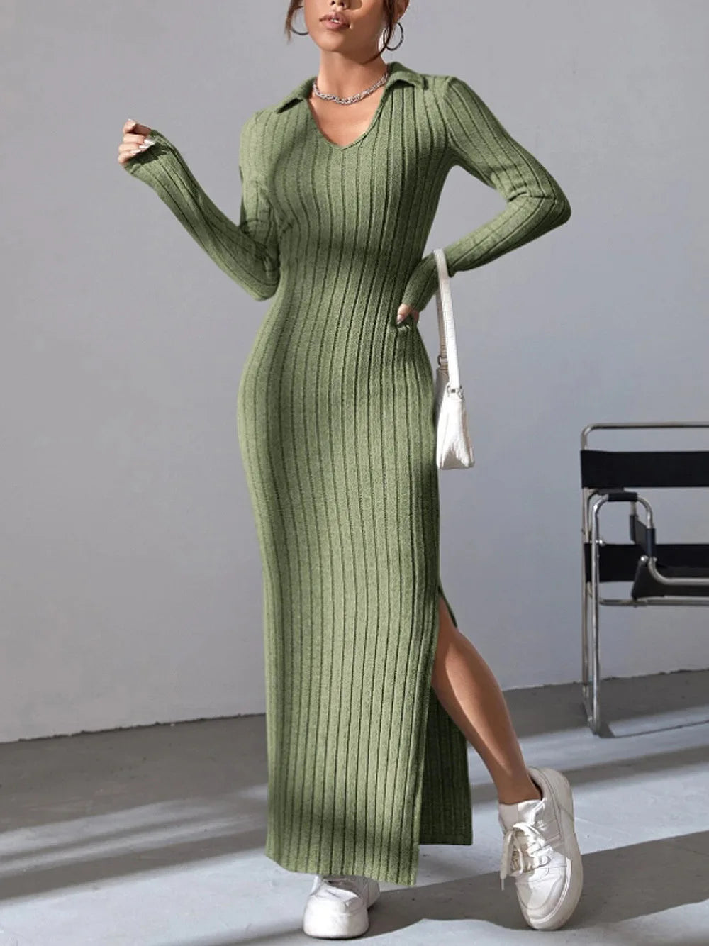 Knit Lapel Bodycon Dress — Long Sleeve Slim Solid Color Tight Skirt