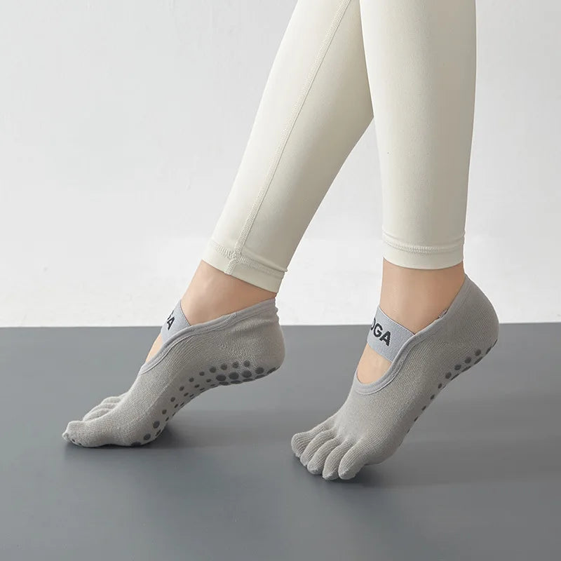 Yoga socks, anti slip socks, professional women's five finger solid color socks, fitness sports Pilates socks, toe socks