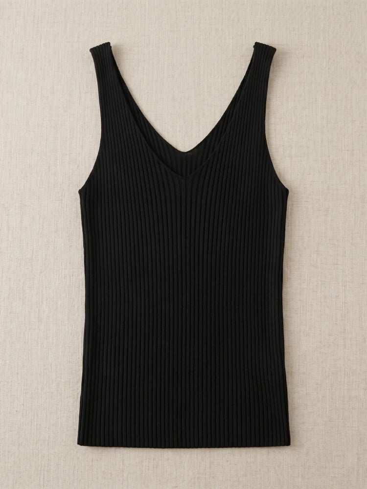 Ice Silk Knit Camisole Tank Top – Slim Fit V-Neck Sleeveless Top for Women