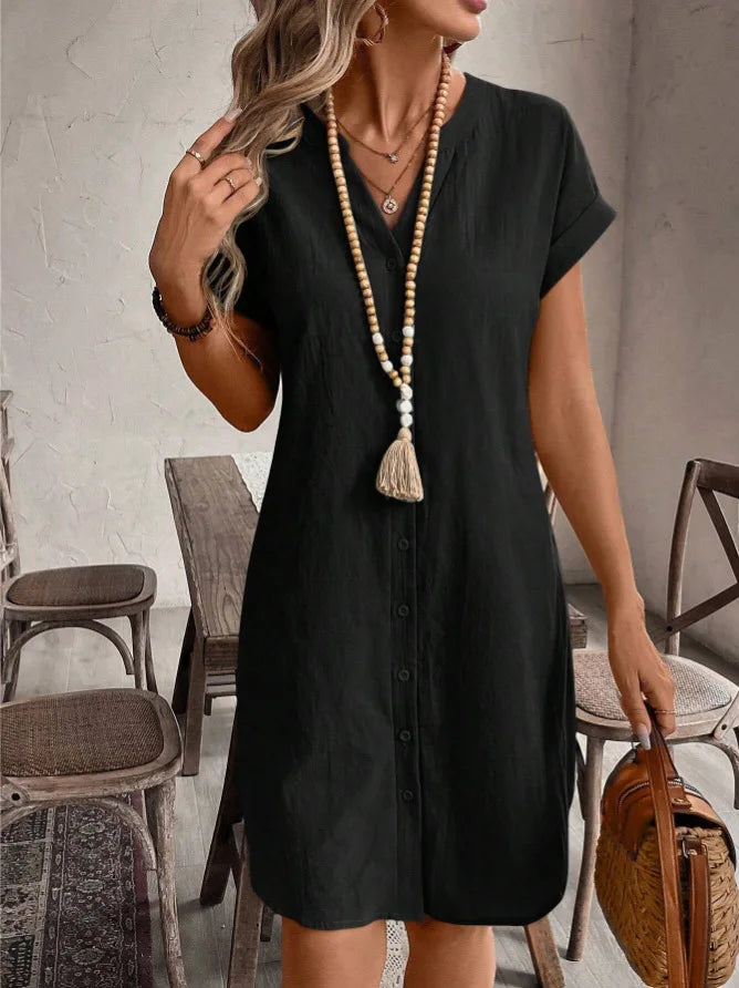 Women Casual Blouse Dress Simple V Neck Button Linen Dress Pockets Loose Large Size Shirt Dress Plus Size Womens Dresses