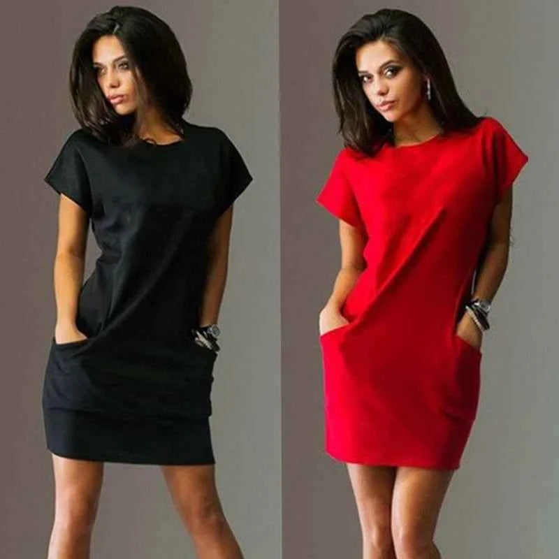 Women's A-Line Mini Dress – Solid Color Short Sleeve O-Neck with Pockets