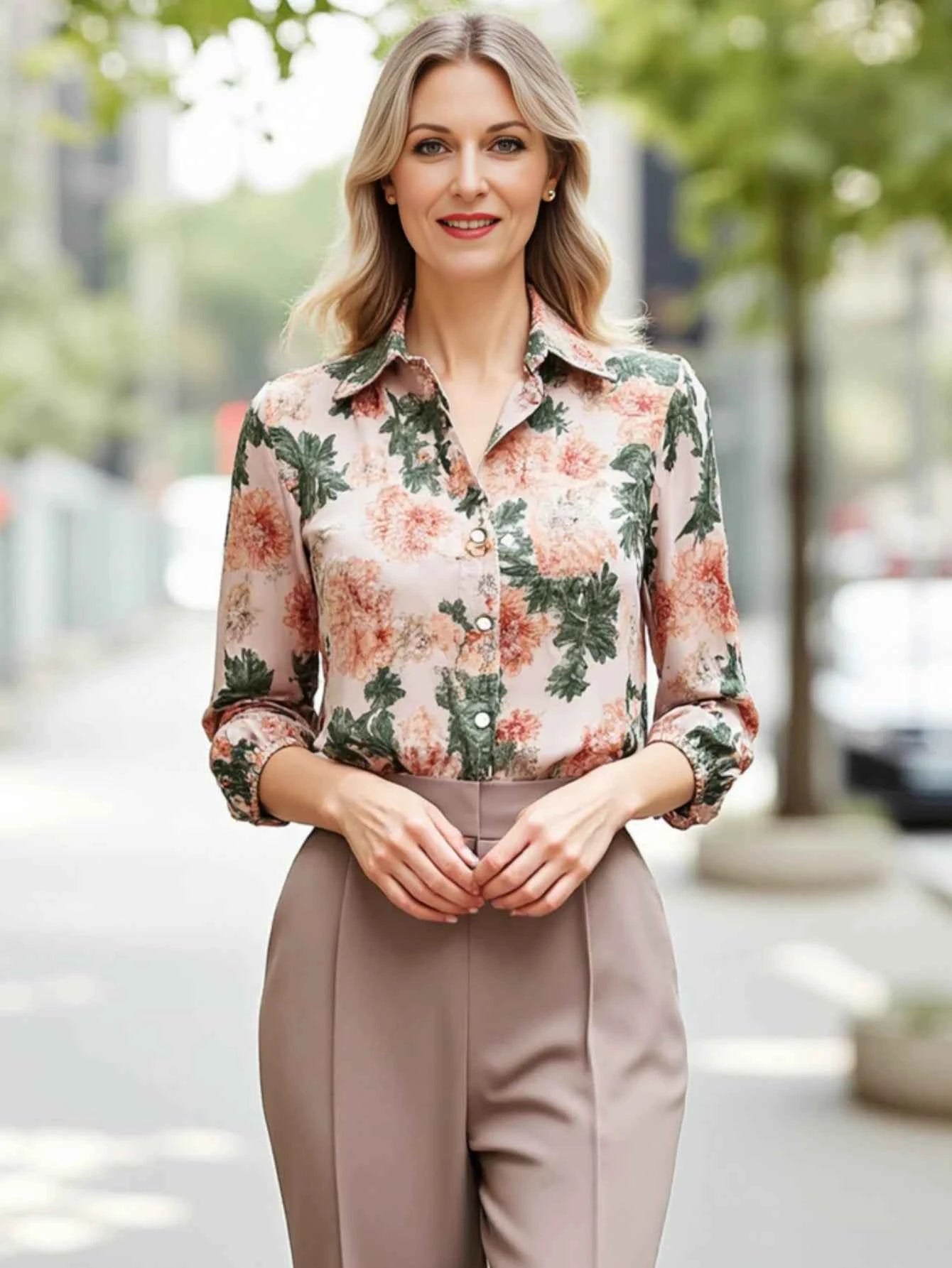 Women's Floral Print Blouse | Point Collar Button-Front Top