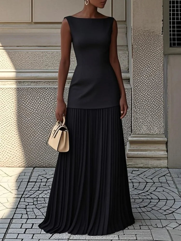 Pleated Skirt Set — Slash Neck Sleeveless Boho Maxi Dress