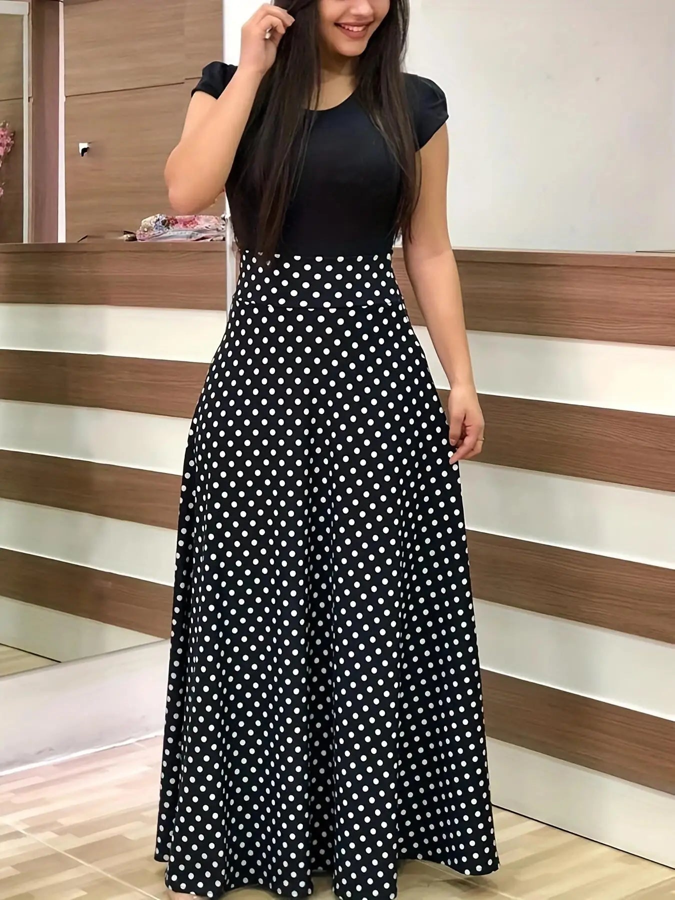 Floral Print Swing Dress — Short Sleeve Color Block Midi Skirt