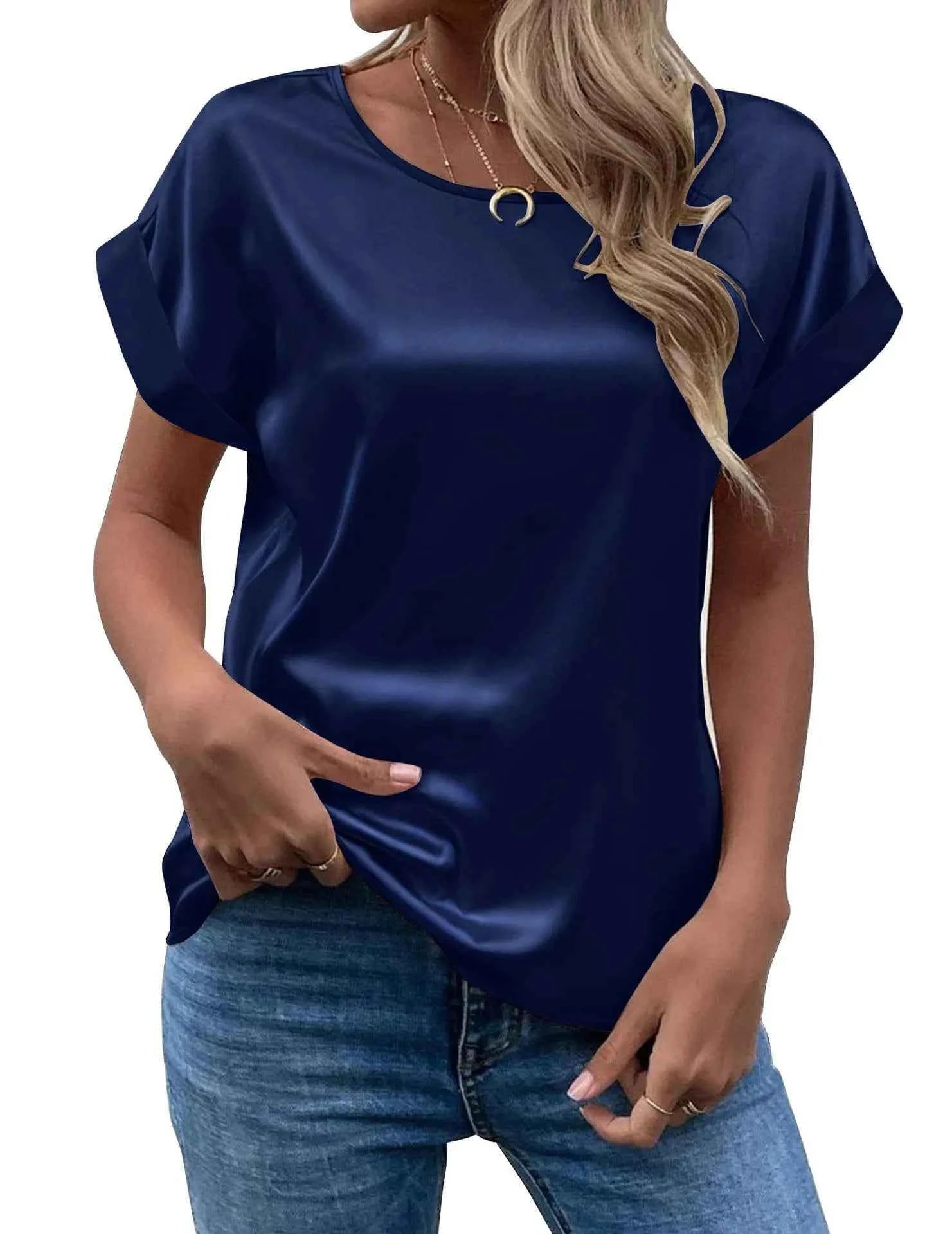 Satin Batwing Blouse for Women — Loose Fit, O-Neck Summer Top in 4 Colours