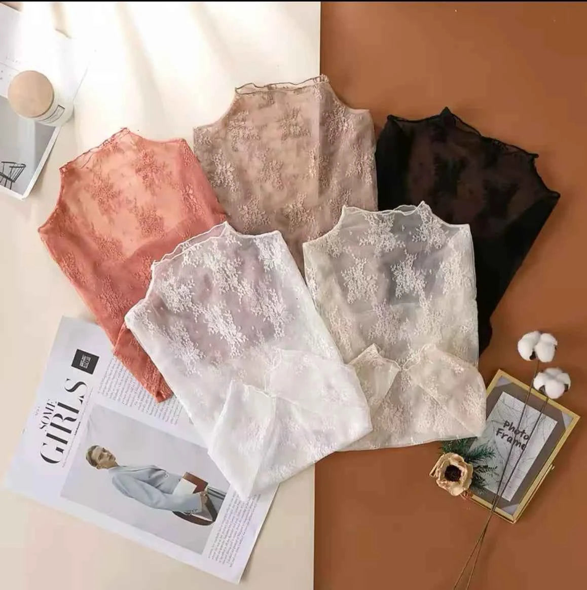 Sheer Lace Mesh Blouse for Women — Long Sleeve, See-Through Turtleneck Top