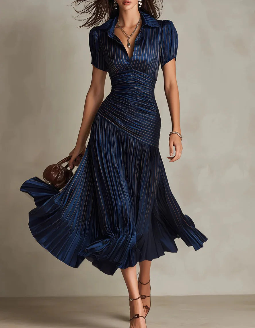 Striped High-Waist Shirt Dress — Short Sleeve Lapel A-Line Skirt