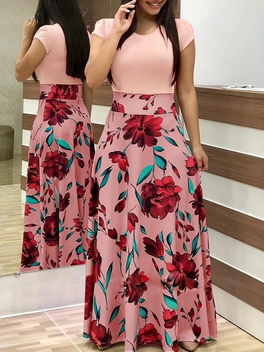 Floral Print Swing Dress — Short Sleeve Color Block Midi Skirt