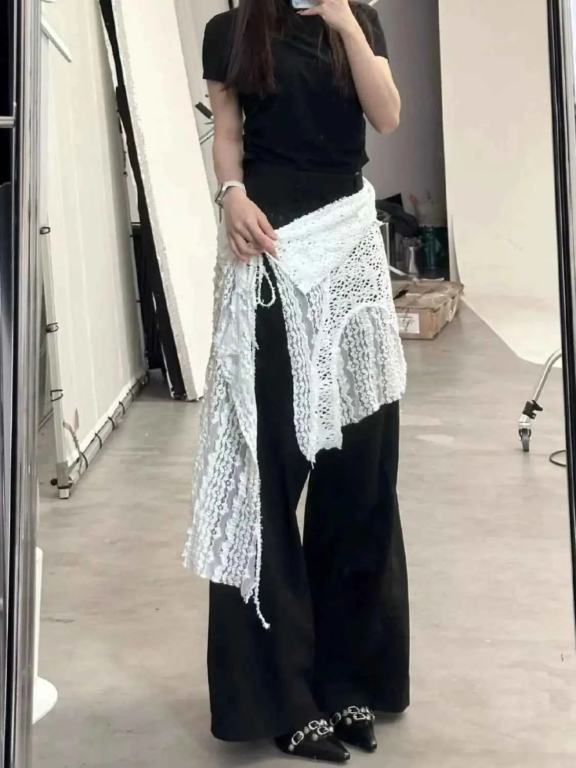 Hollow Out Irregular Lace Skirts Chic Lace-up Design Stacked Layered Feeling Mesh Apron Vintage Women Y2k White Jacquard