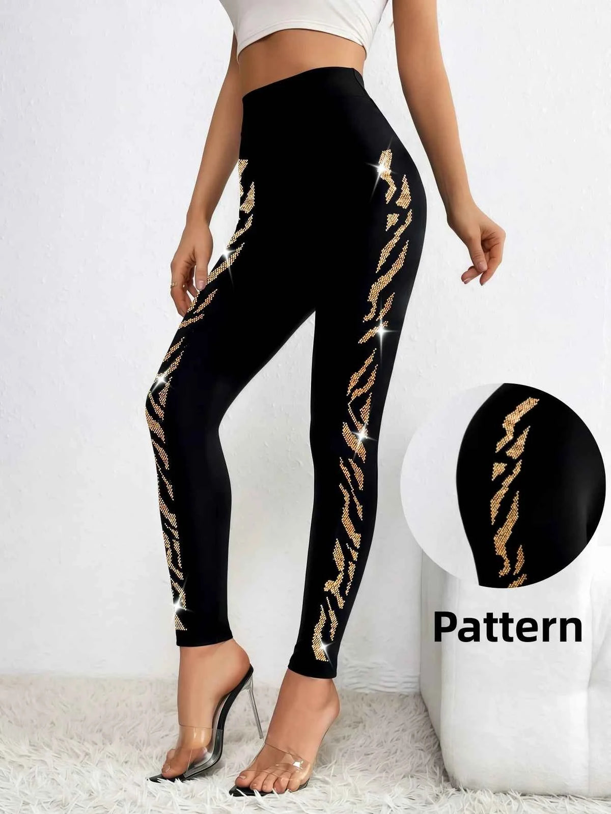 Women's Black Leopard Rhinestone Leggings – High Waist Seamless Knit