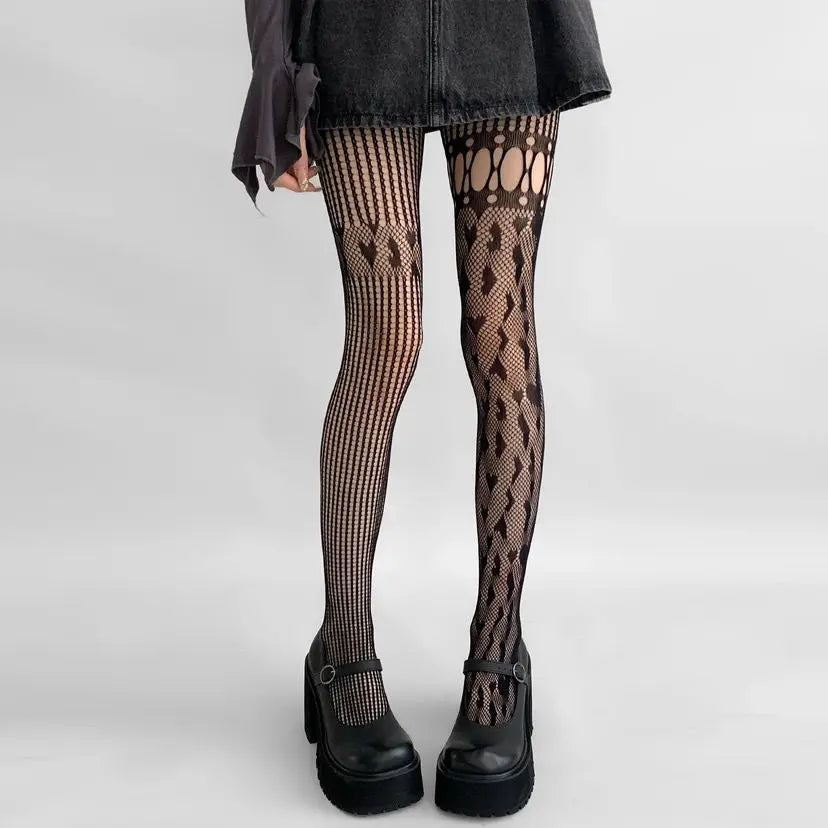 Heart Hollow Fishnet Pantyhose — Y2K Lace Mesh Tights & Body Stockings