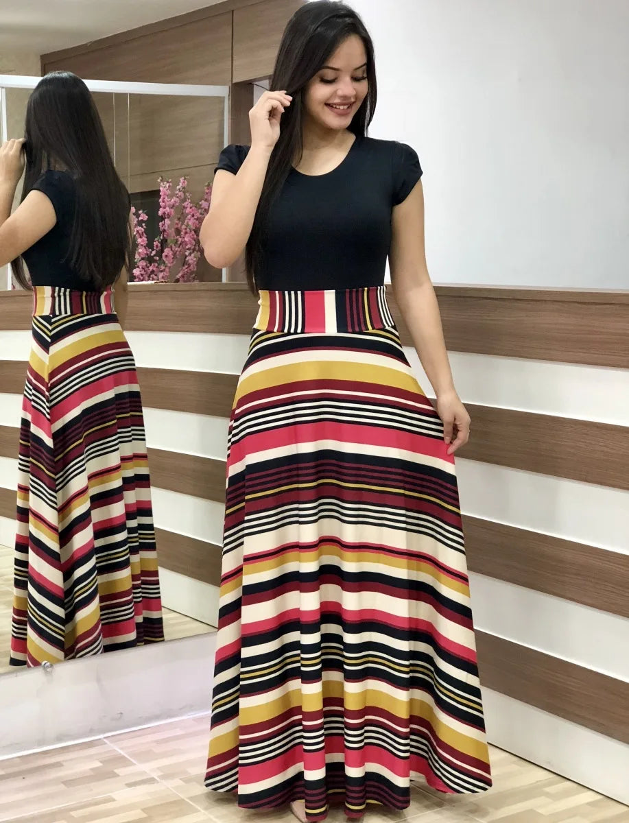Floral Print Swing Dress — Short Sleeve Color Block Midi Skirt