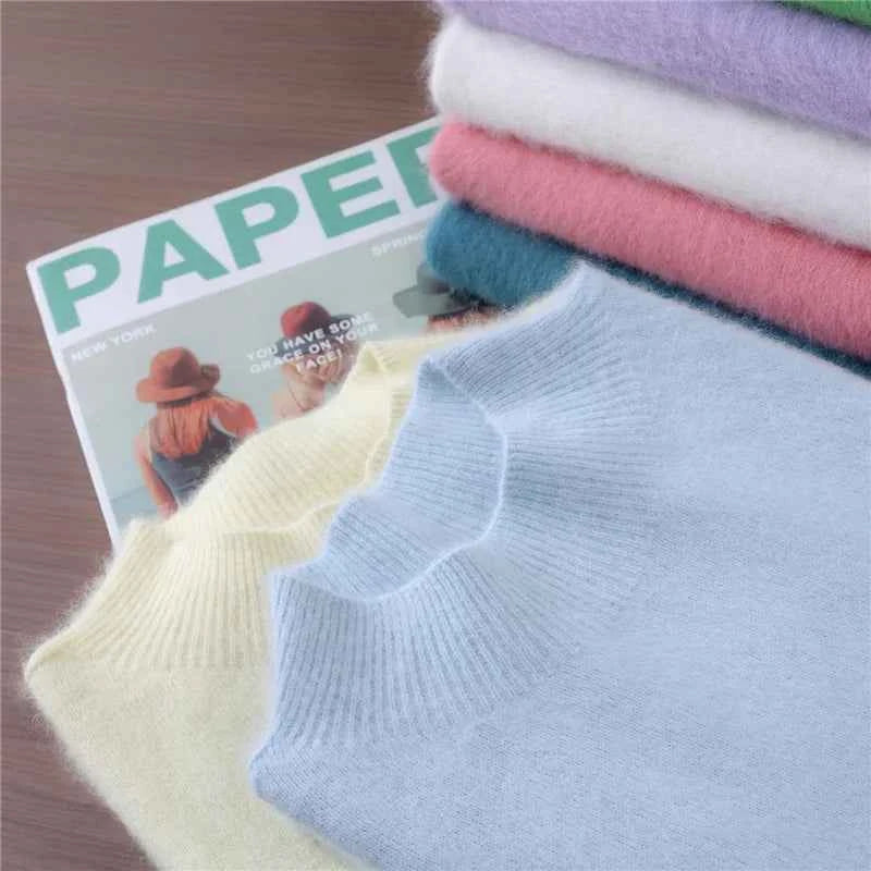 Autumn Winter New Mink Cashmere Sweater Women's Half-Height Color Matching Knitted Pullover Casual Padded Wool Bottoming Coat