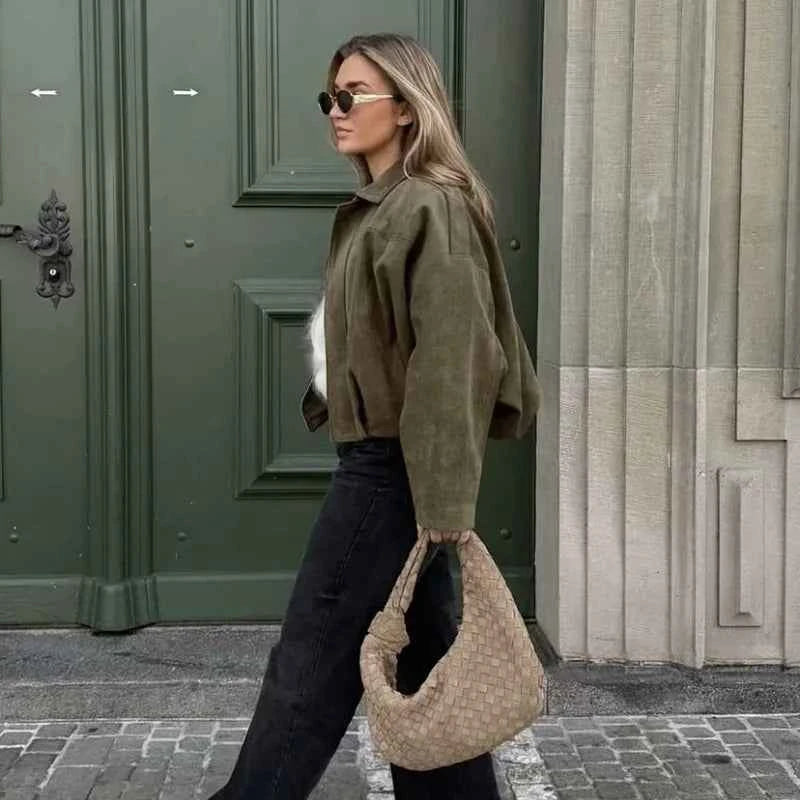 Women's Bomber Jackets Coats Fashion Turn-down Collar Long Sleeve Loose Coats Vintage Female Outerwear Chic Tops