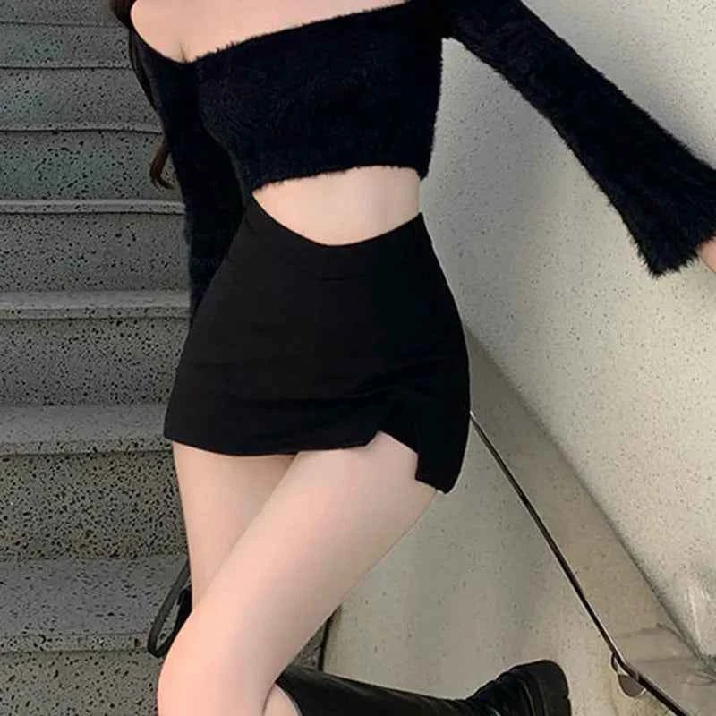 Black High Waist Split Mini Skirt – Slim A-Line Slit Skirt for Women | Streetwear & Party