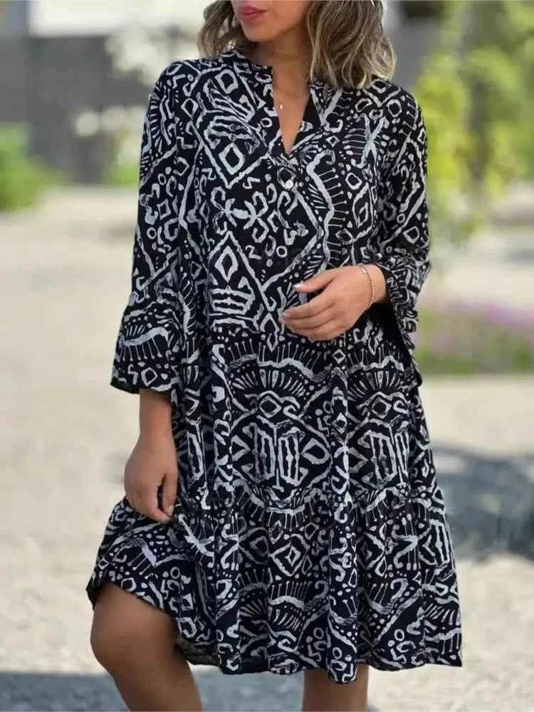 Women Casual Print Dress Fashion V Neck Pullover Loose Dresses Robe Femme Holiday Beach Dresses Lady Summer Womens Clothing New
