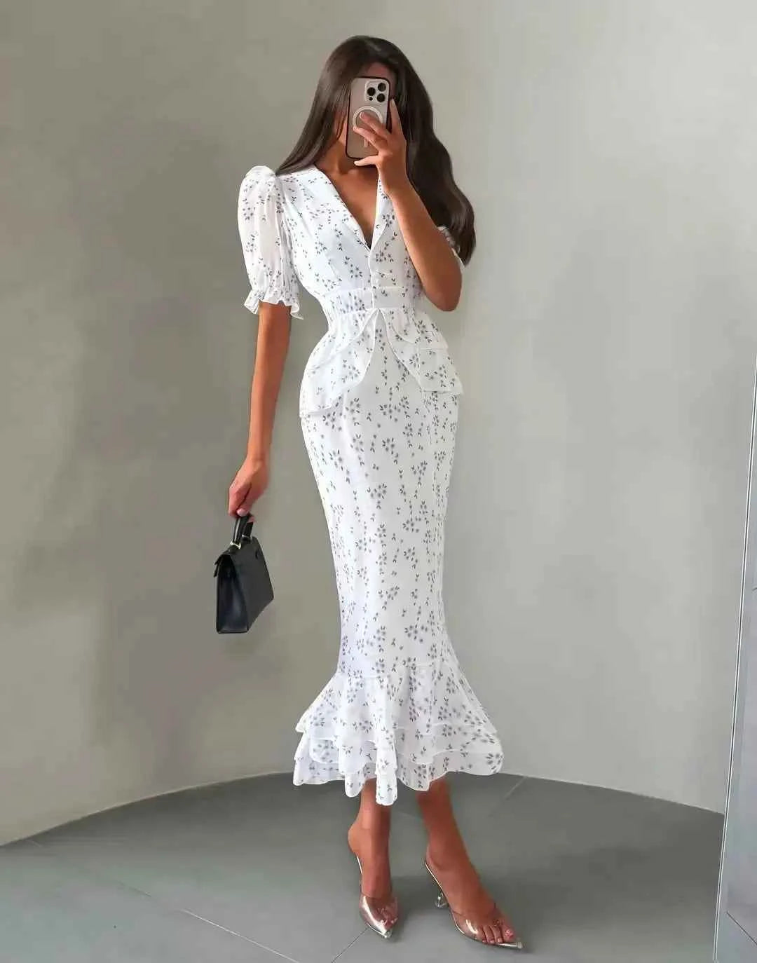Women Elegant Printed V-neck Dress Chic Lapel Waist Cinched Pleated High Waisted Dresses 2026 Summer New Lady Vacation Gowns