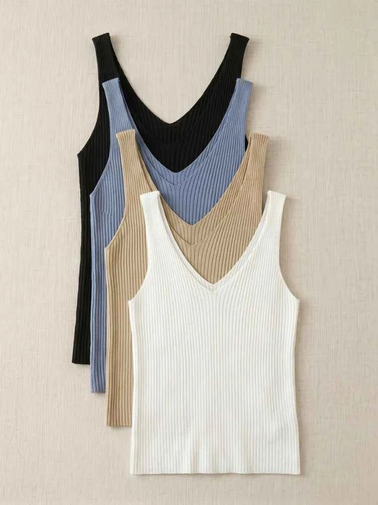 Ice Silk Knit Camisole Tank Top – Slim Fit V-Neck Sleeveless Top for Women