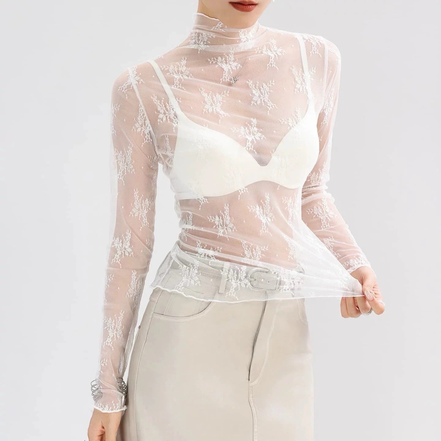 Women's Sheer Lace Mesh Blouse | Long Sleeve See-Through Turtleneck Top