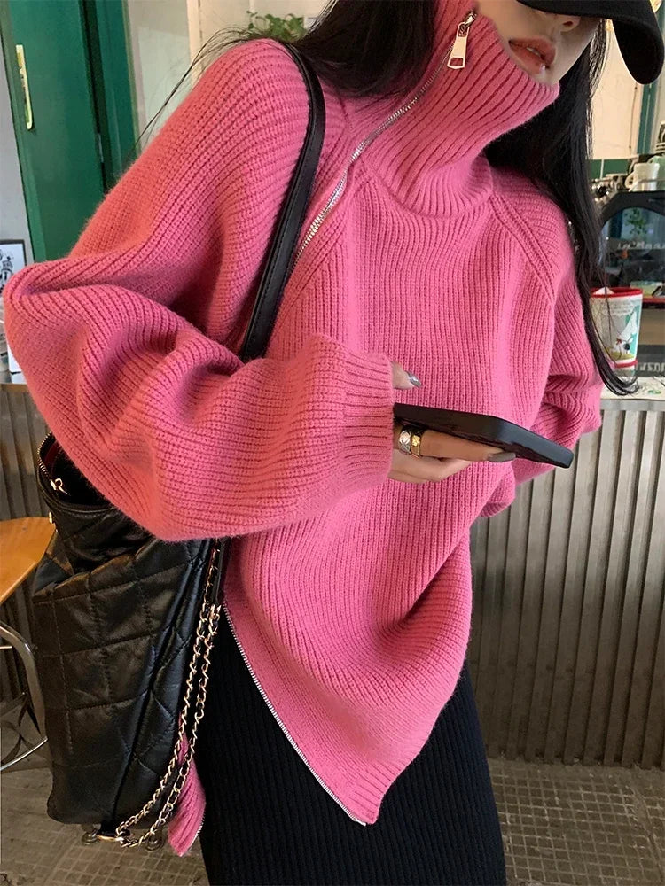 Women's Turtleneck Zipper Oversize Fashion Women Sweaters 2026 Autumn Knitwears Loose Thick Warm High Neck Solid Pullovers Women