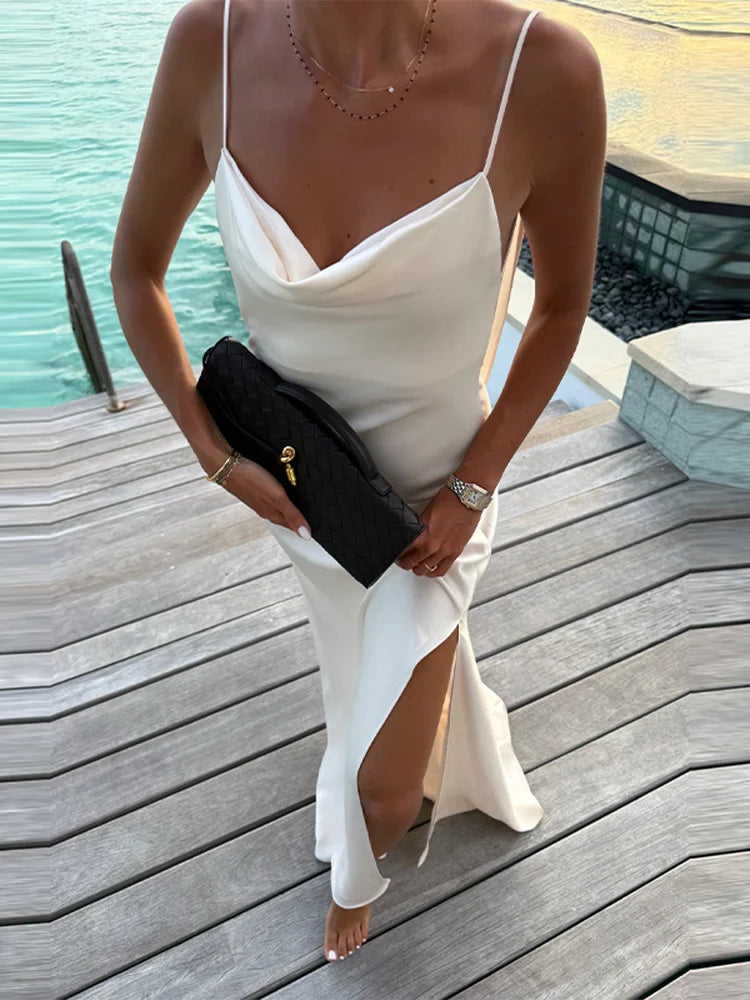 Satin Backless Maxi Dress — V-Neck Sleeveless Beach Vacation Gown