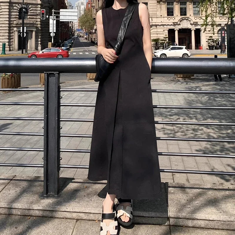 Casual Loose Simple Basic Woman Dress Black Beach Sleeveless Dresses Female Chicly French Summer New Solid Color Women Dress