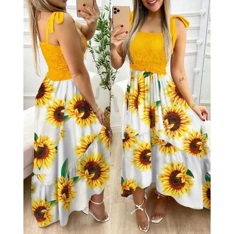 Sling Print Tube Top Dress — Irregular Hem Stitching Mini Dress