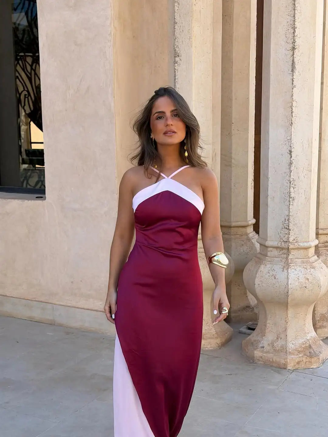 Color Block Halter Maxi Gown — Backless Off-Shoulder Sleeveless Party Dress