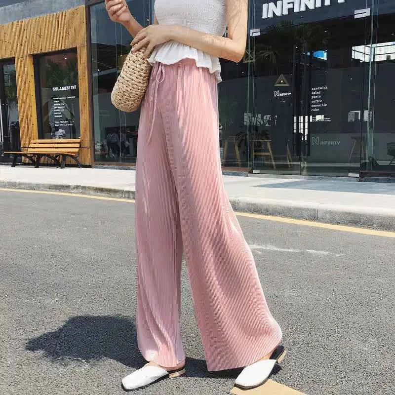 Women's Pleated Wide-Leg Pants | Ice Silk Loose Trousers with Elastic Waist