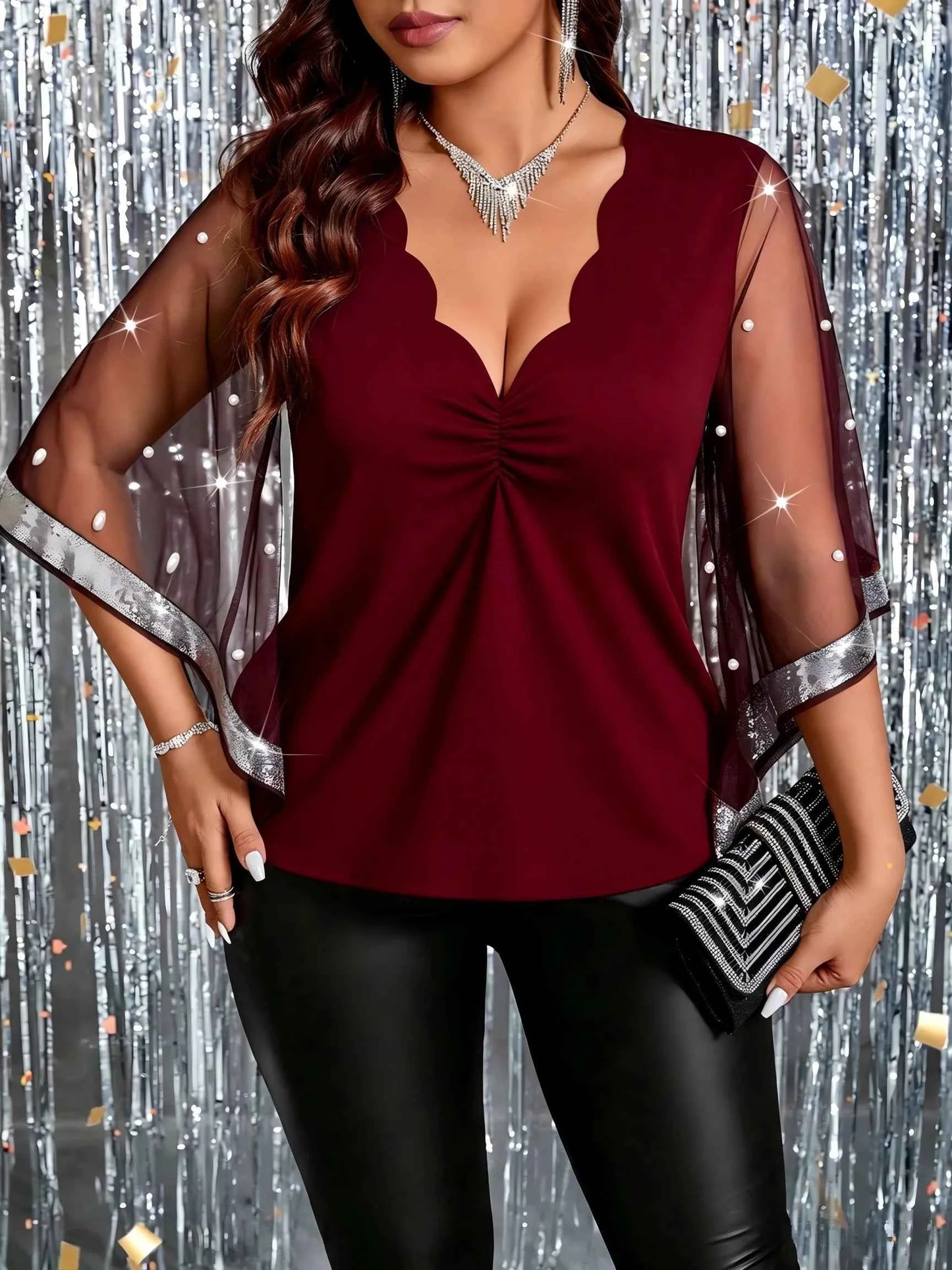 Plus Size Women's Mesh Bell Sleeve Blouse – Scallop V-Neck Pearl Beaded Party Top | Sizes 0XL–5XL