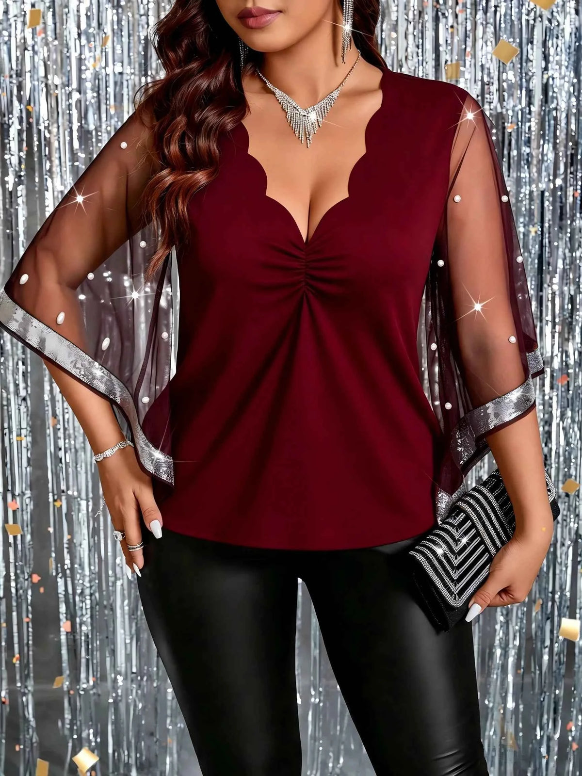 Plus Size Women's Mesh Bell Sleeve Blouse – Scallop V-Neck Pearl Beaded Party Top | Sizes 0XL–5XL