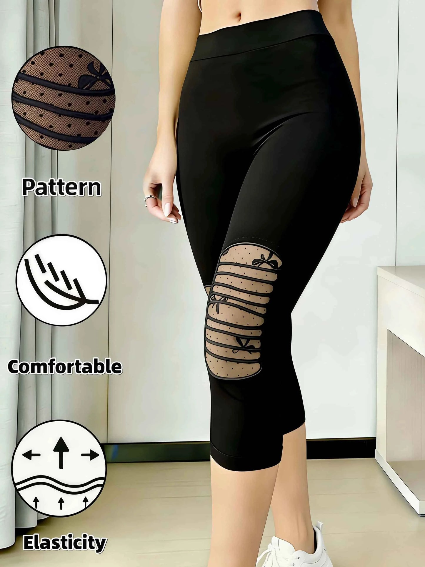 Women's Fashion Polka Dot Mesh Patchwork Capri Leggings High Waist Stretchable Comfortable Breathable Slimming Perfect for Daily