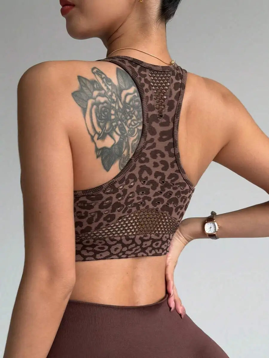 Women's Leopard Print Mesh Racerback Sports Bra | High Impact for Running, Yoga & Fitness