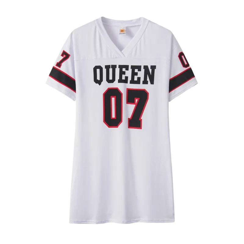 V-Neck Letter Print Mini Dress — Sporty Short Sleeve Streetwear