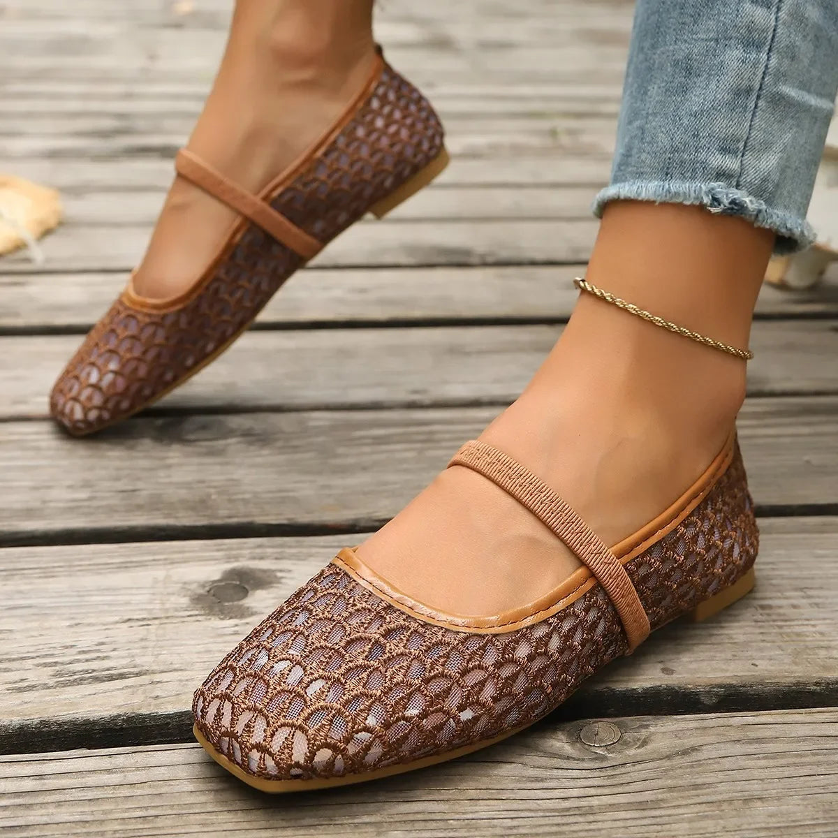 Breathable Woven Flats | Square Toe Buckle Strap Ballet Shoes for Women