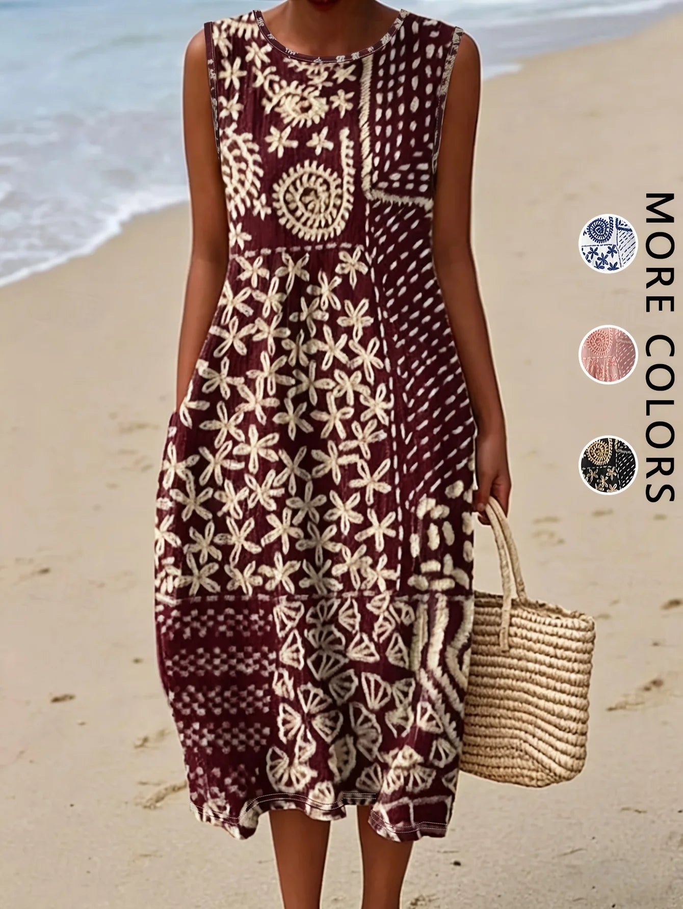 Bohemian Floral Midi Sundress — Sleeveless Beach Dress with Pockets