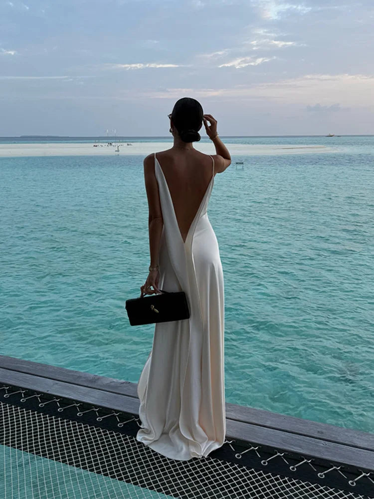 Satin Backless Maxi Dress — V-Neck Sleeveless Beach Vacation Gown